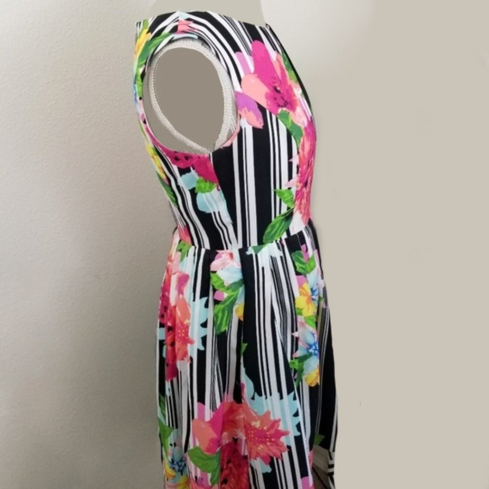 ELLEN TRACY 2 XS Floral Dress Stripe Fit Flare Keyhole Midi 50s Retro 4 S 1950s - Picture 9 of 14